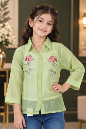 SG75PL Girls Pastel Green Imported Fabric Embellished Rose Button-Down Shirt Top SG75PL-447-GRN