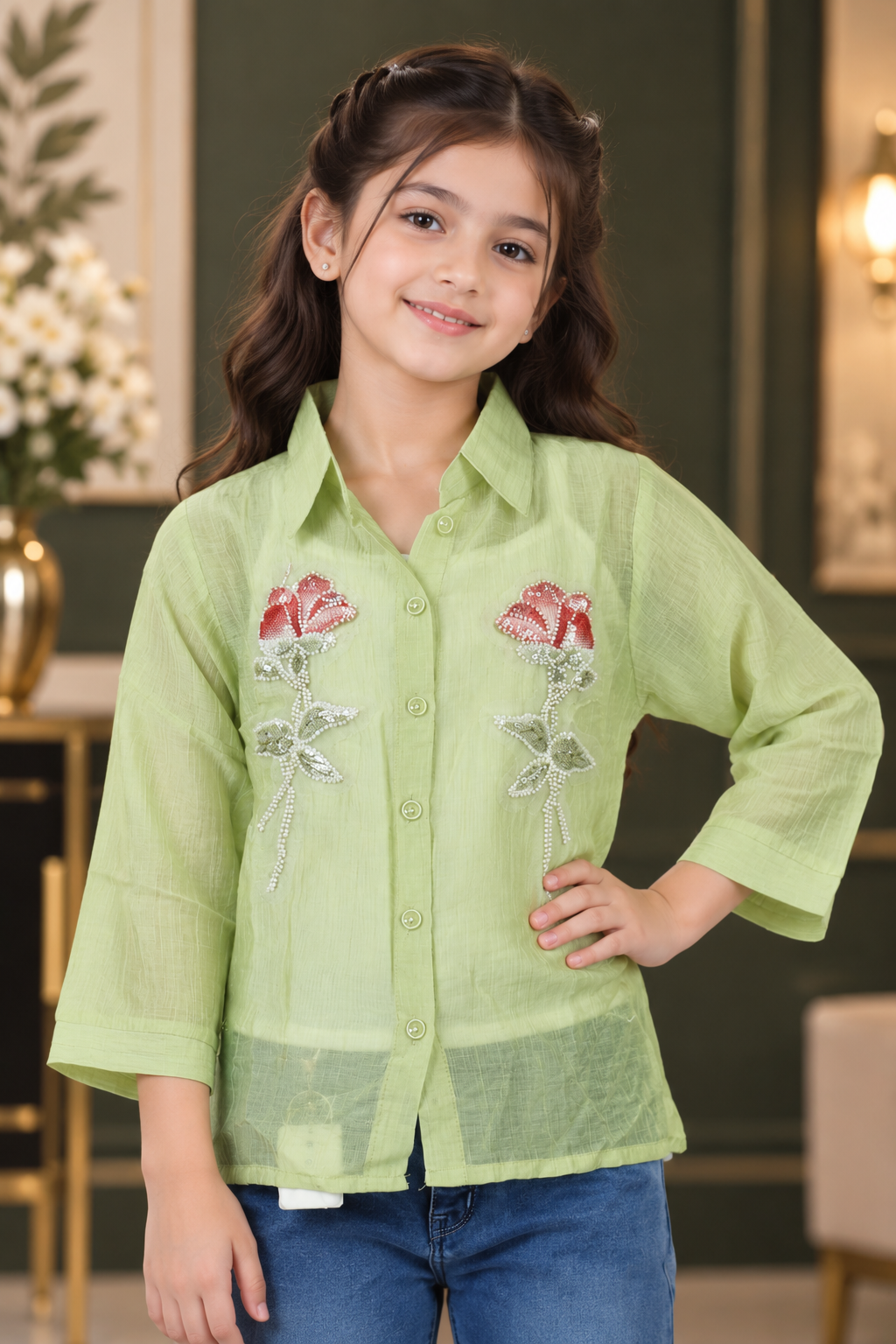 SG75PL Girls Pastel Green Imported Fabric Embellished Rose Button-Down Shirt Top SG75PL-447-GRN