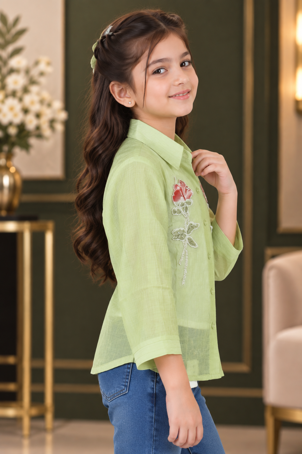 SG75PL Girls Pastel Green Imported Fabric Embellished Rose Button-Down Shirt Top SG75PL-447-GRN - Image 4