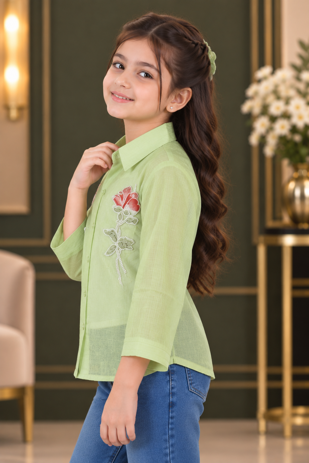 SG75PL Girls Pastel Green Imported Fabric Embellished Rose Button-Down Shirt Top SG75PL-447-GRN - Image 3