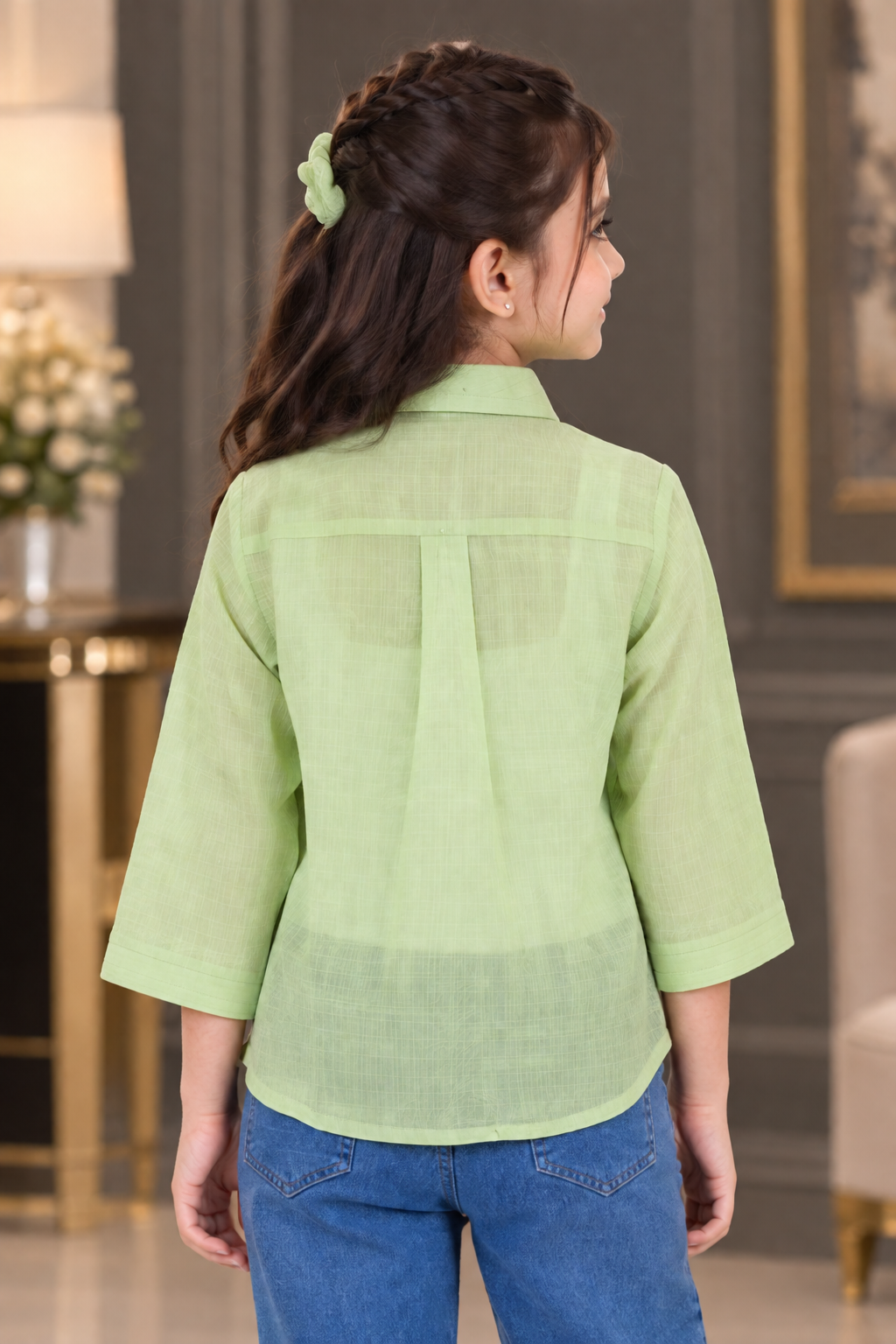 SG75PL Girls Pastel Green Imported Fabric Embellished Rose Button-Down Shirt Top SG75PL-447-GRN - Image 2