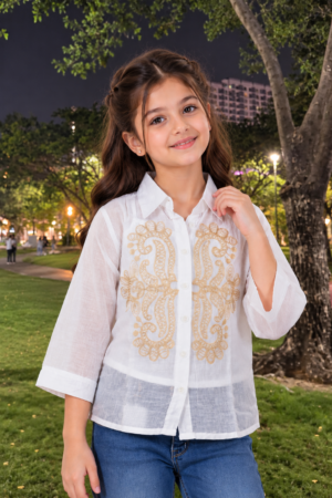 SG75PL Girls White & Golden Embroidered Sheer Shirt Top – Premium Imported Fabric SG75PL-447-WHT