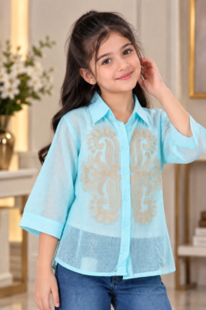 SG75PL Girls Aqua Blue & Golden Embroidered Sheer Shirt Top – Premium Imported Fabric SG75PL-447-SKY