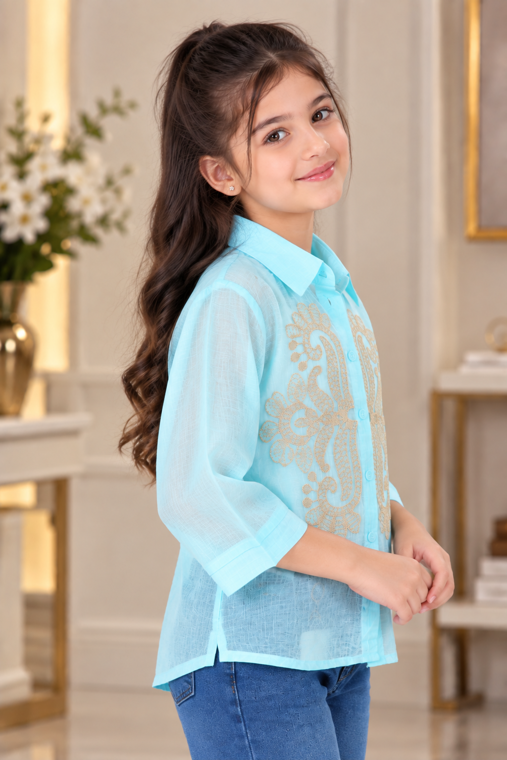 SG75PL Girls Aqua Blue & Golden Embroidered Sheer Shirt Top – Premium Imported Fabric SG75PL-447-SKY - Image 4