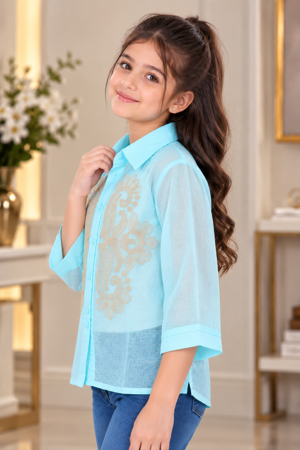 SG75PL Girls Aqua Blue & Golden Embroidered Sheer Shirt Top – Premium Imported Fabric SG75PL-447-SKY - Image 3