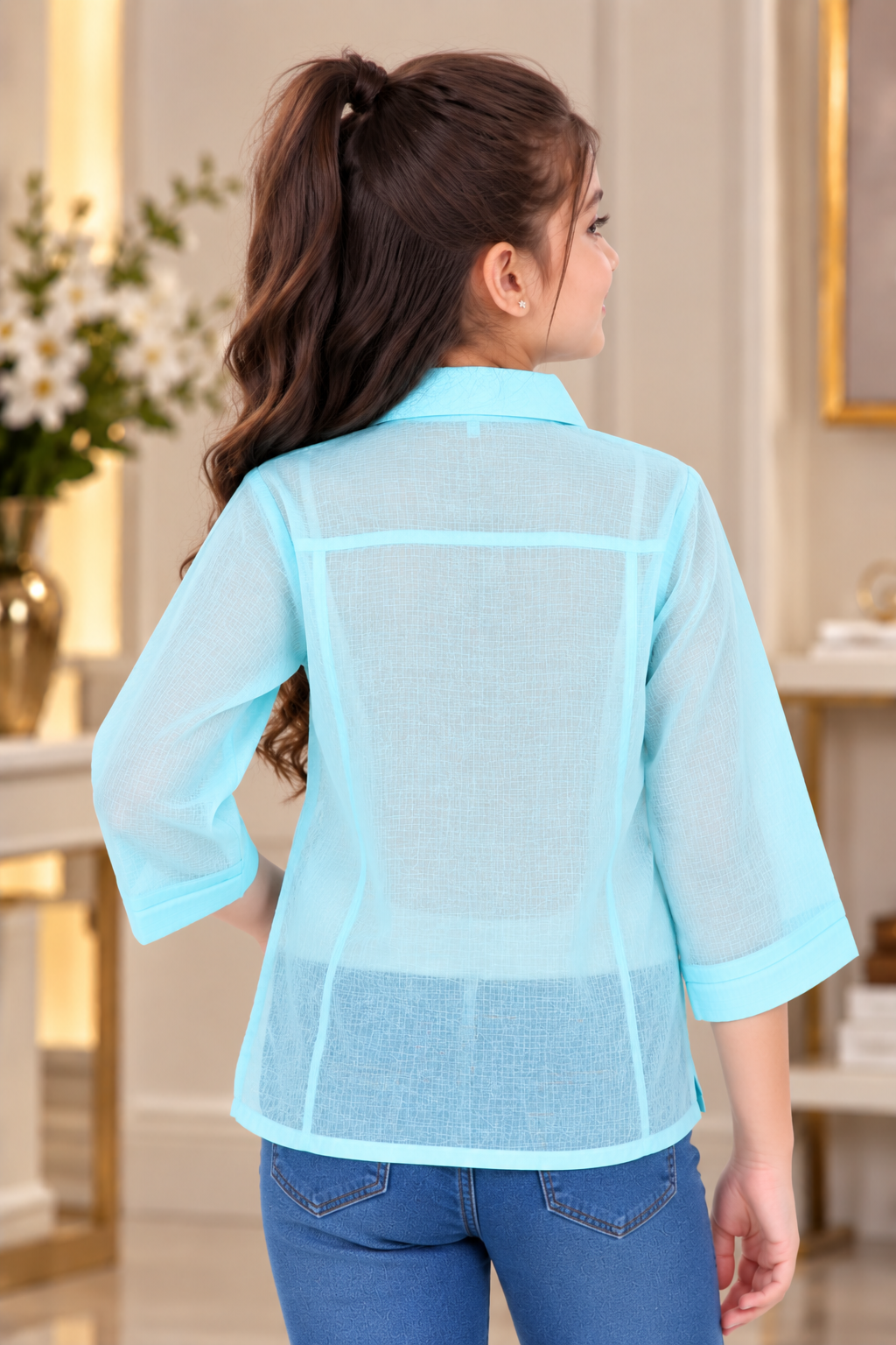 SG75PL Girls Aqua Blue & Golden Embroidered Sheer Shirt Top – Premium Imported Fabric SG75PL-447-SKY - Image 2