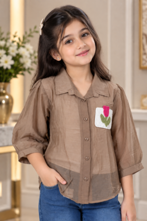 SG77PL Girls Mocha Brown Imported Fabric Rose Patch Sheer Button-Down Shirt Top SG77PL-447-FWN