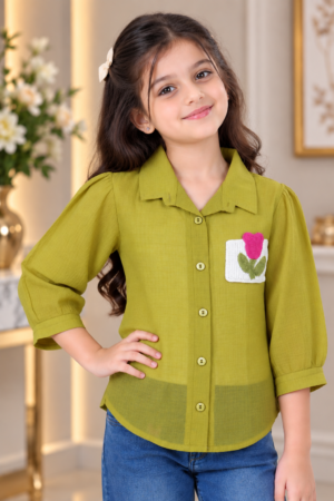 SG77PL Girls Olive Green Imported Fabric Rose Patch Button-Down Shirt Top SG77PL-447-GRN