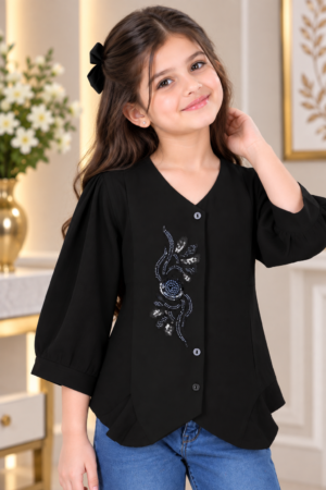 SG79EM Girls Black Embellished V-Neck Button-Down Top – Premium Imported Fabri SG79EM-447-BLK