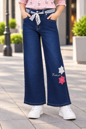 838PL Girls’ Dark Blue Straight Fit Denim Pant with Floral Embroidery 838PL-29-D BLU