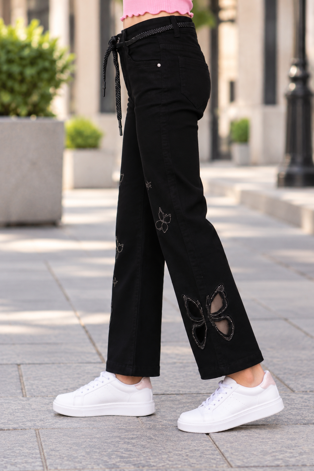 738PL Girls’ Black Straight Fit Denim Pant with Butterfly Embellishments 738PL-29-BLK - Image 2