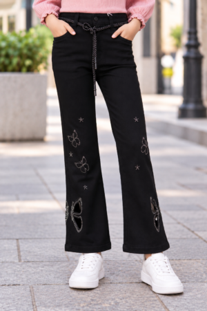 738PL Girls’ Black Straight Fit Denim Pant with Butterfly Embellishments 738PL-29-BLK