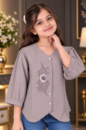 SG79EM Girls Taupe Grey Floral Embellished V-Neck Top – Premium Imported Fabric SG79EM-447-PPL