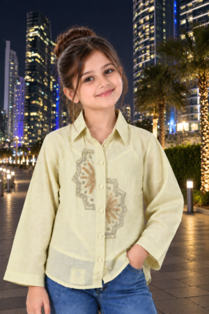 SG82EM Girls Pastel Lemon Embellished Button-Down Shirt – Premium Imported Fabric SG82EM-447-GRN