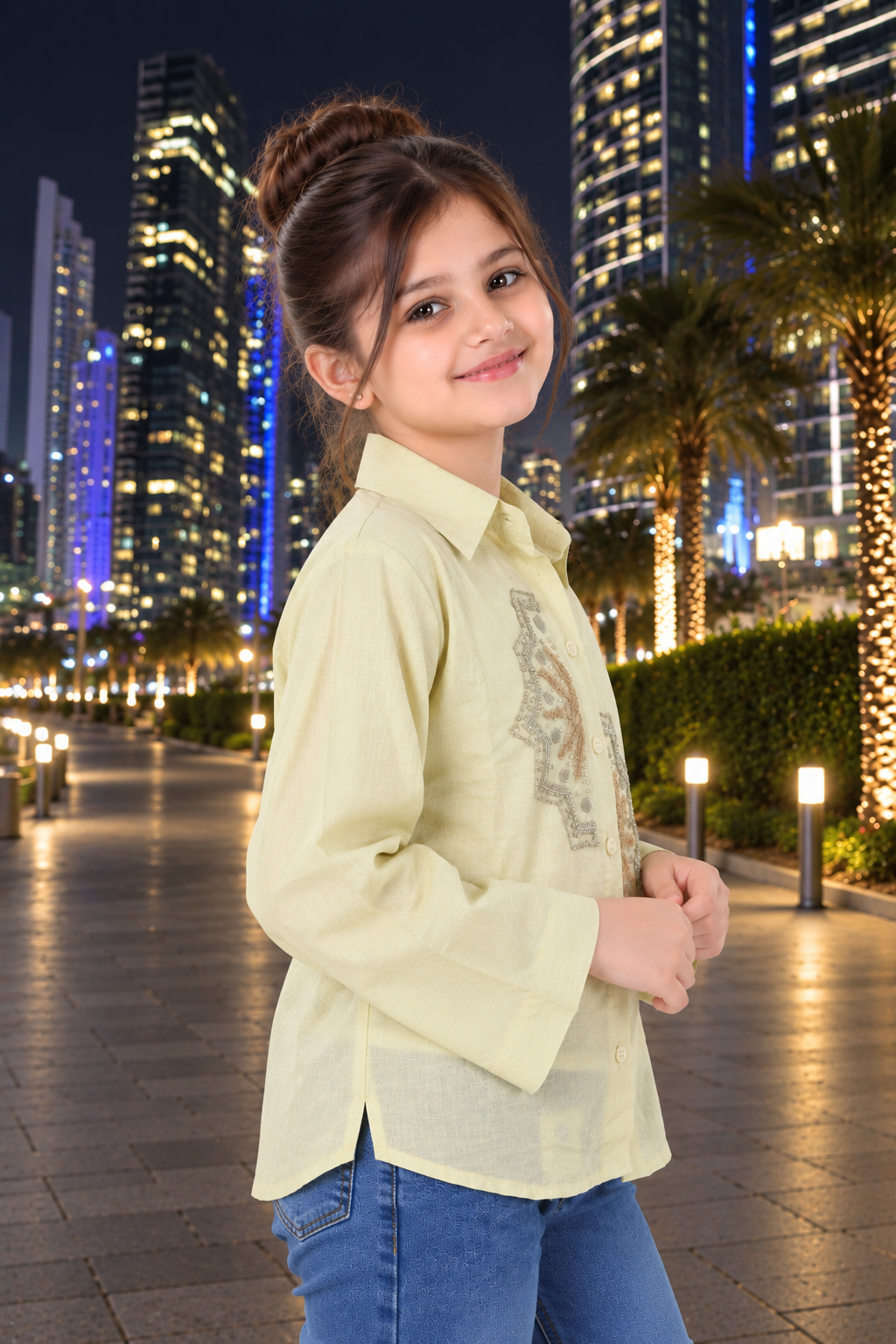 SG82EM Girls Pastel Lemon Embellished Button-Down Shirt – Premium Imported Fabric SG82EM-447-GRN - Image 4