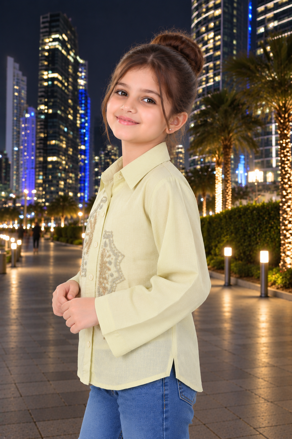 SG82EM Girls Pastel Lemon Embellished Button-Down Shirt – Premium Imported Fabric SG82EM-447-GRN - Image 3