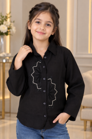 SG82EM Girls Classic Black Embellished Button-Down Shirt – Premium Imported Fabric SG82EM-447-BLK