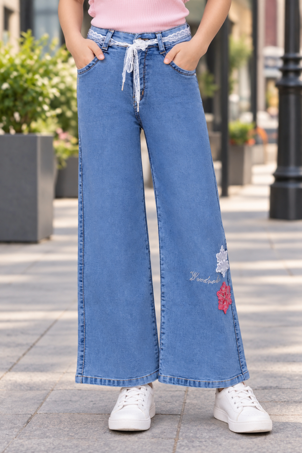 838PL Girls’ Light Blue Straight Fit Denim Pant with Floral Detail 838PL-29-L BLU