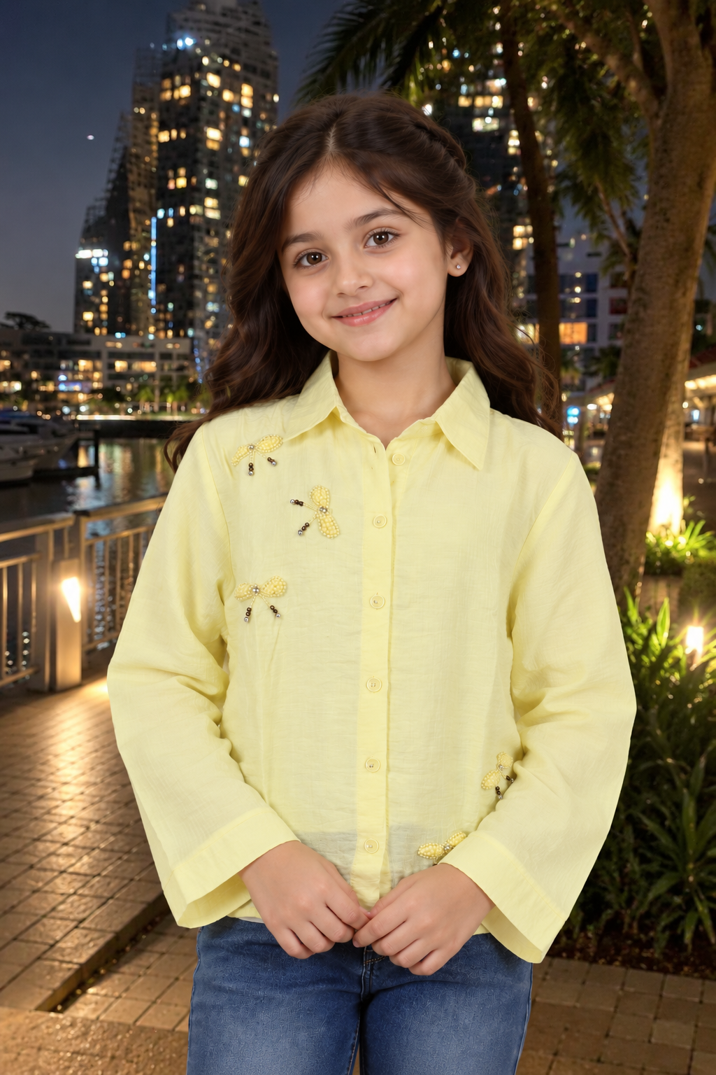 SG83EM Girls Lemon Yellow Butterfly Embellished Button-Down Shirt – Premium Imported Fabric SG83EM-447-GRN