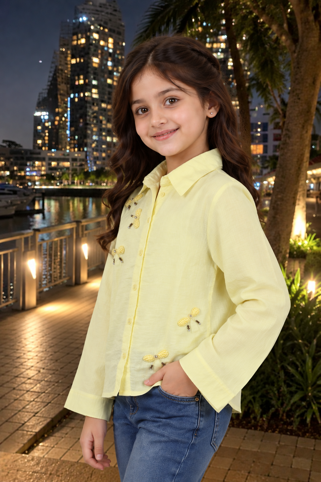 SG83EM Girls Lemon Yellow Butterfly Embellished Button-Down Shirt – Premium Imported Fabric SG83EM-447-GRN - Image 4