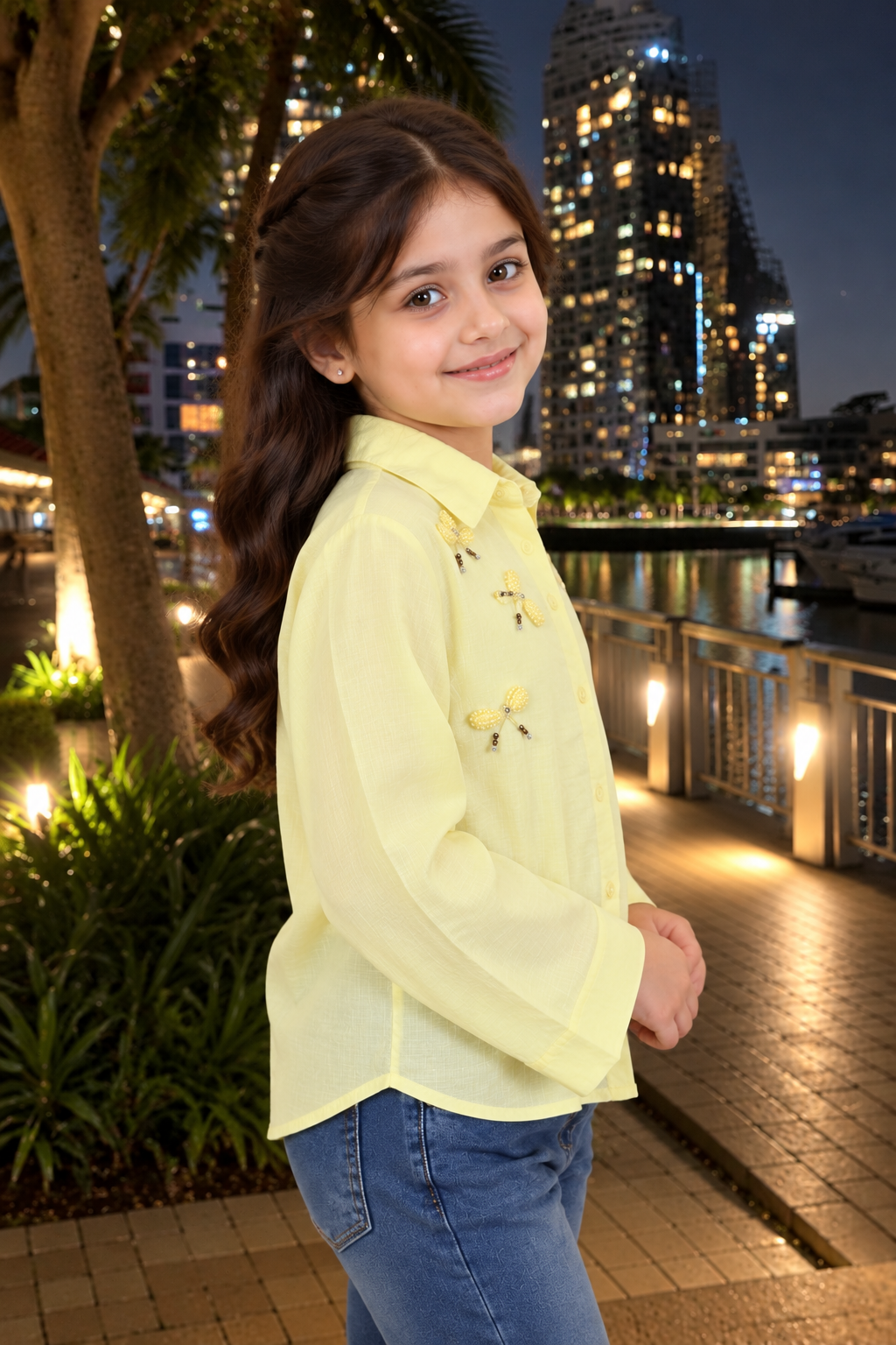 SG83EM Girls Lemon Yellow Butterfly Embellished Button-Down Shirt – Premium Imported Fabric SG83EM-447-GRN - Image 3