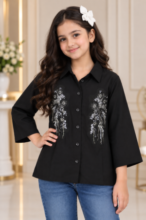 SG84EM Girls Black Floral Sequin Embellished Button-Down Shirt Top – Premium Imported Fabric SG84EM-447-BLK