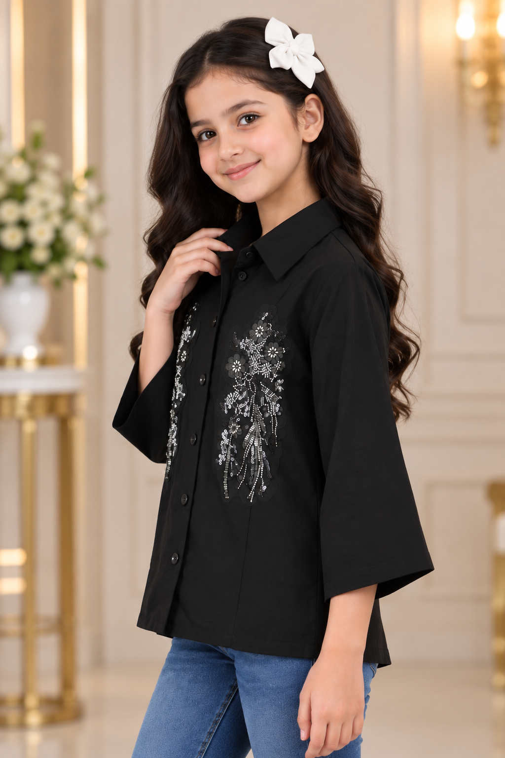 SG84EM Girls Black Floral Sequin Embellished Button-Down Shirt Top – Premium Imported Fabric SG84EM-447-BLK - Image 4