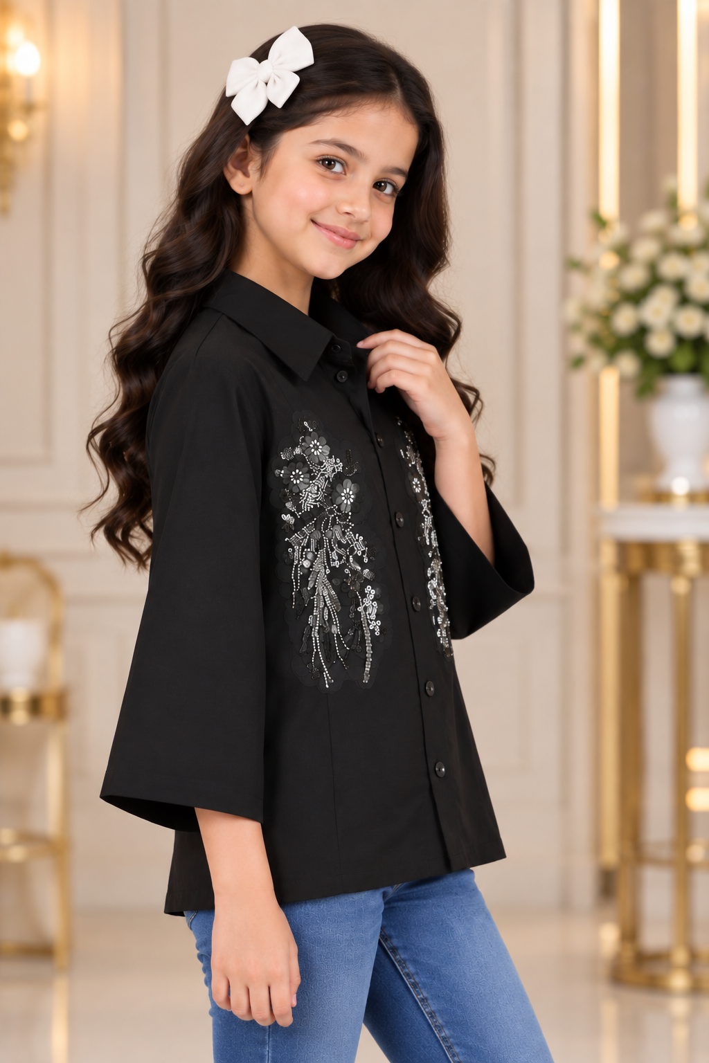 SG84EM Girls Black Floral Sequin Embellished Button-Down Shirt Top – Premium Imported Fabric SG84EM-447-BLK - Image 3