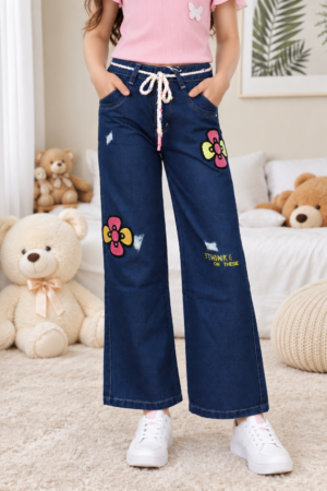 856PL Girls’ Dark Blue Straight Fit Denim Pant with Colourful Flower Patches 856PL-29-D BLU