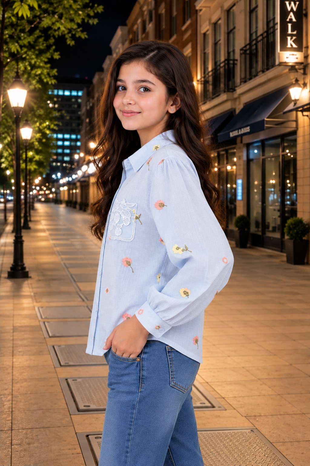 SG85EM Girls Sky Blue Floral Embroidered Button-Down Shirt – Premium Imported Fabric SG85EM-447-SKY - Image 2