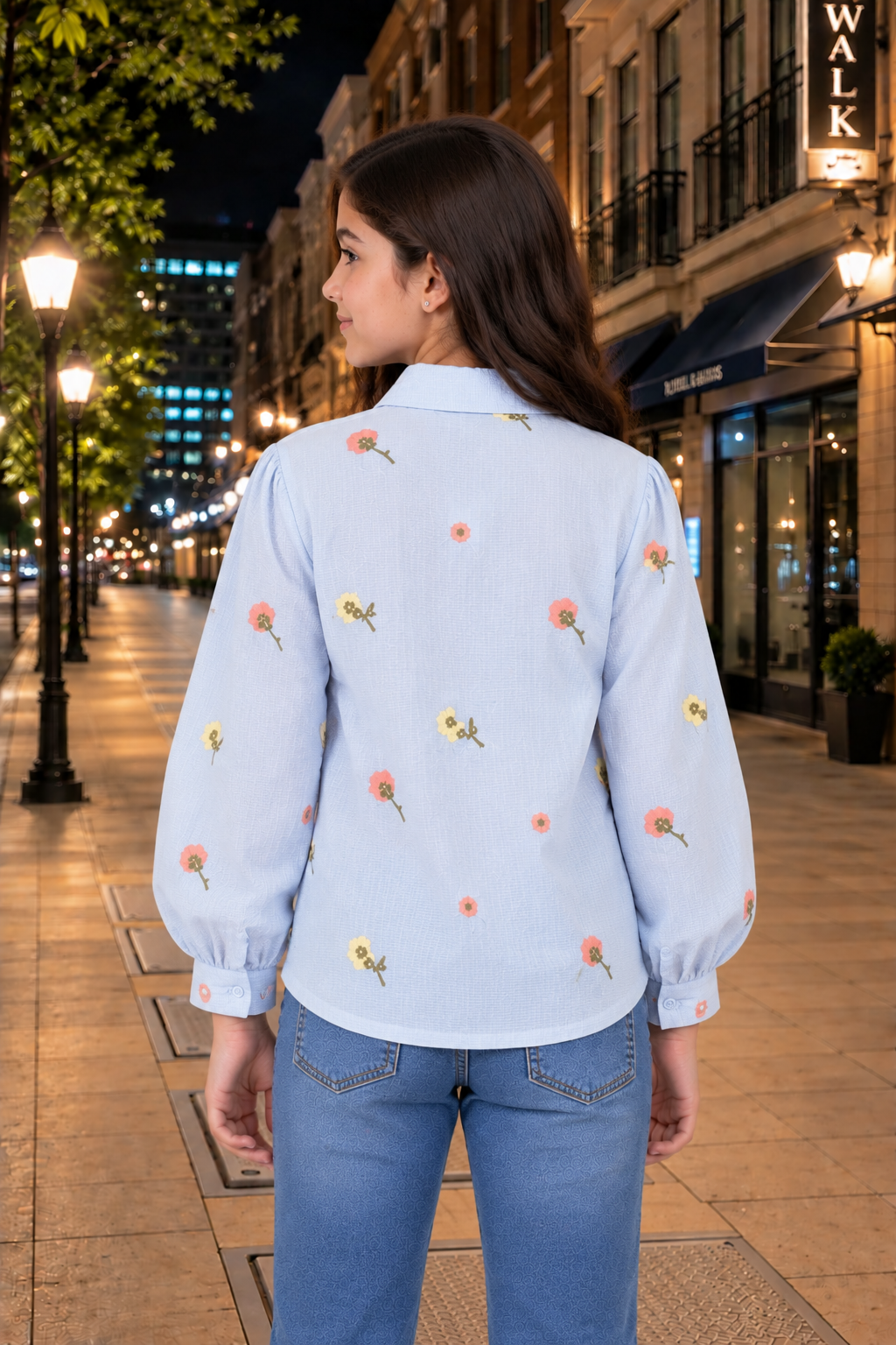 SG85EM Girls Sky Blue Floral Embroidered Button-Down Shirt – Premium Imported Fabric SG85EM-447-SKY - Image 3