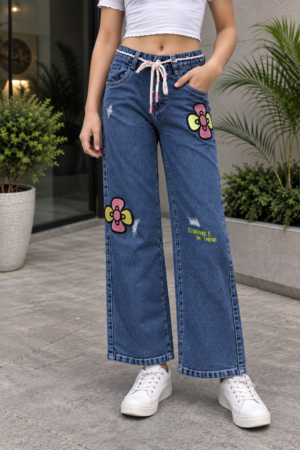 856PL Girls’ Blue Straight Fit Denim Pant with Colourful Flower Appliqué 856PL-29-L BLU