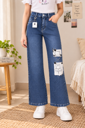 845PL Girls’ Dark Blue Straight Fit Denim Pant with Cute Patchwork 845PL-29-D BLU