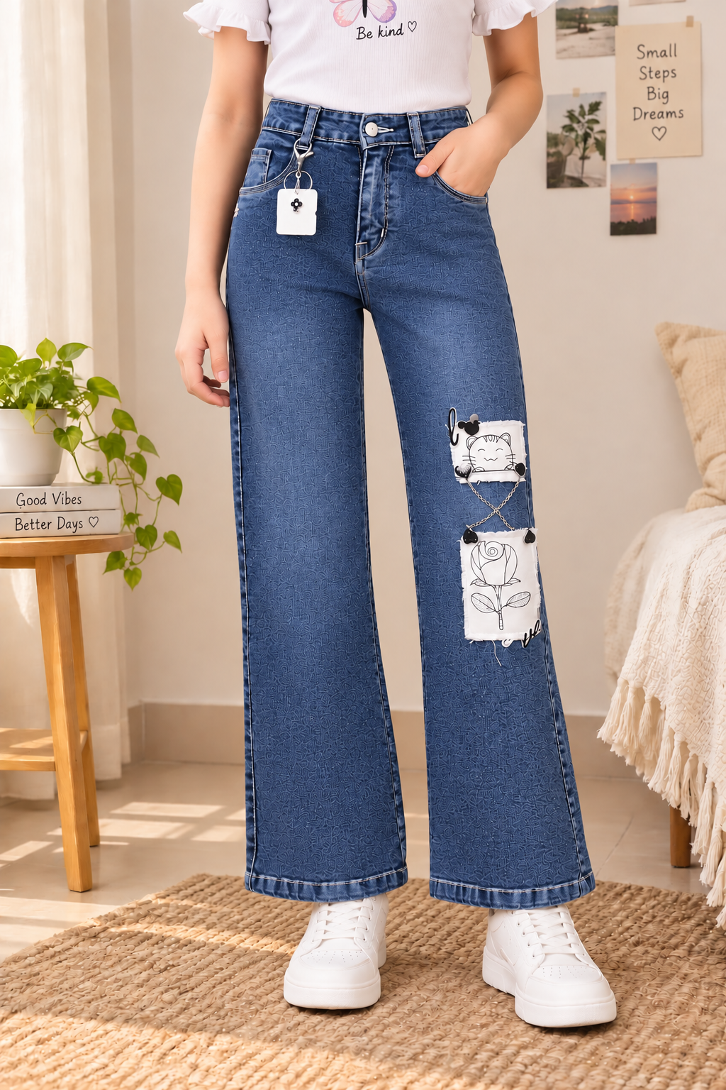 845PL Girls’ Dark Blue Straight Fit Denim Pant with Cute Patchwork 845PL-29-D BLU