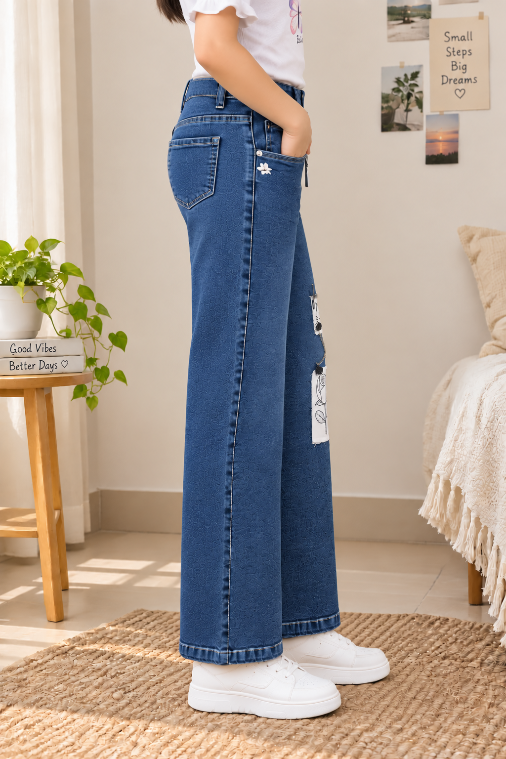 845PL Girls’ Dark Blue Straight Fit Denim Pant with Cute Patchwork 845PL-29-D BLU - Image 3