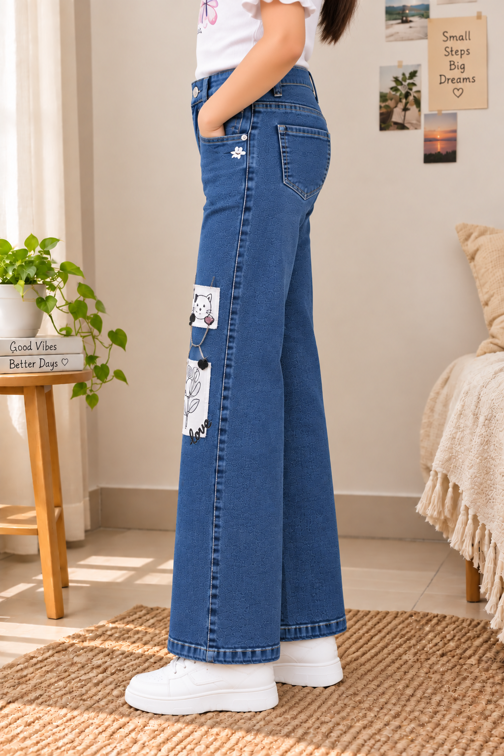 845PL Girls’ Dark Blue Straight Fit Denim Pant with Cute Patchwork 845PL-29-D BLU - Image 2
