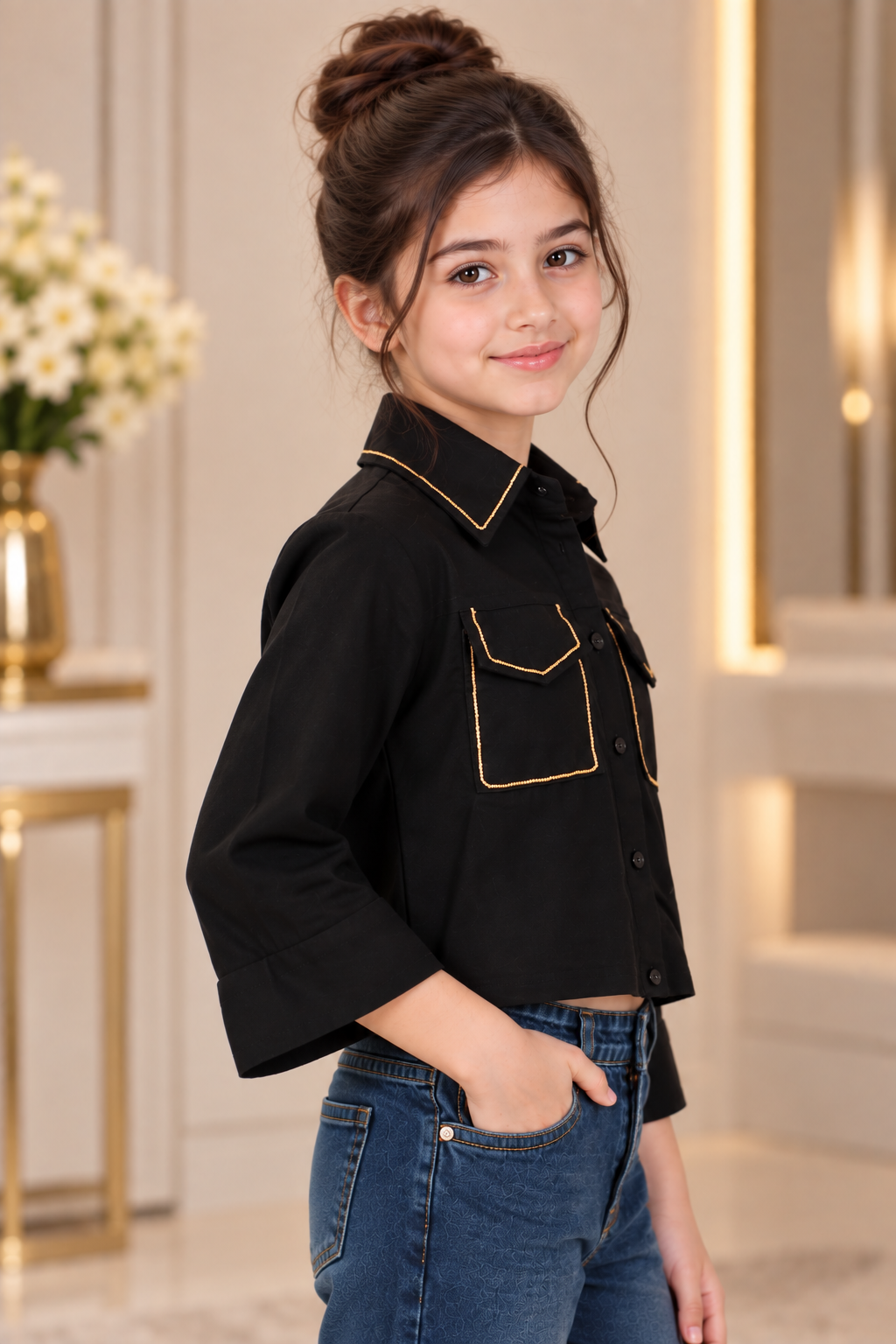 T1068EM Girls Black Imported Fabric Contrast Trim Double Pocket Cropped Shirt T1068EM-218-BLK - Image 2