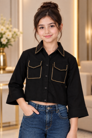 T1068EM Girls Black Imported Fabric Contrast Trim Double Pocket Cropped Shirt T1068EM-218-BLK