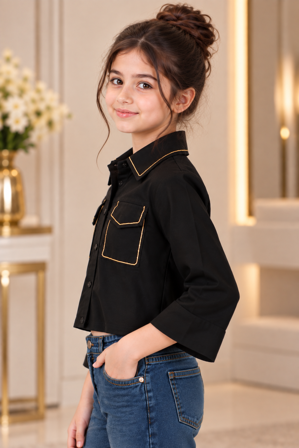 T1068EM Girls Black Imported Fabric Contrast Trim Double Pocket Cropped Shirt T1068EM-218-BLK - Image 4