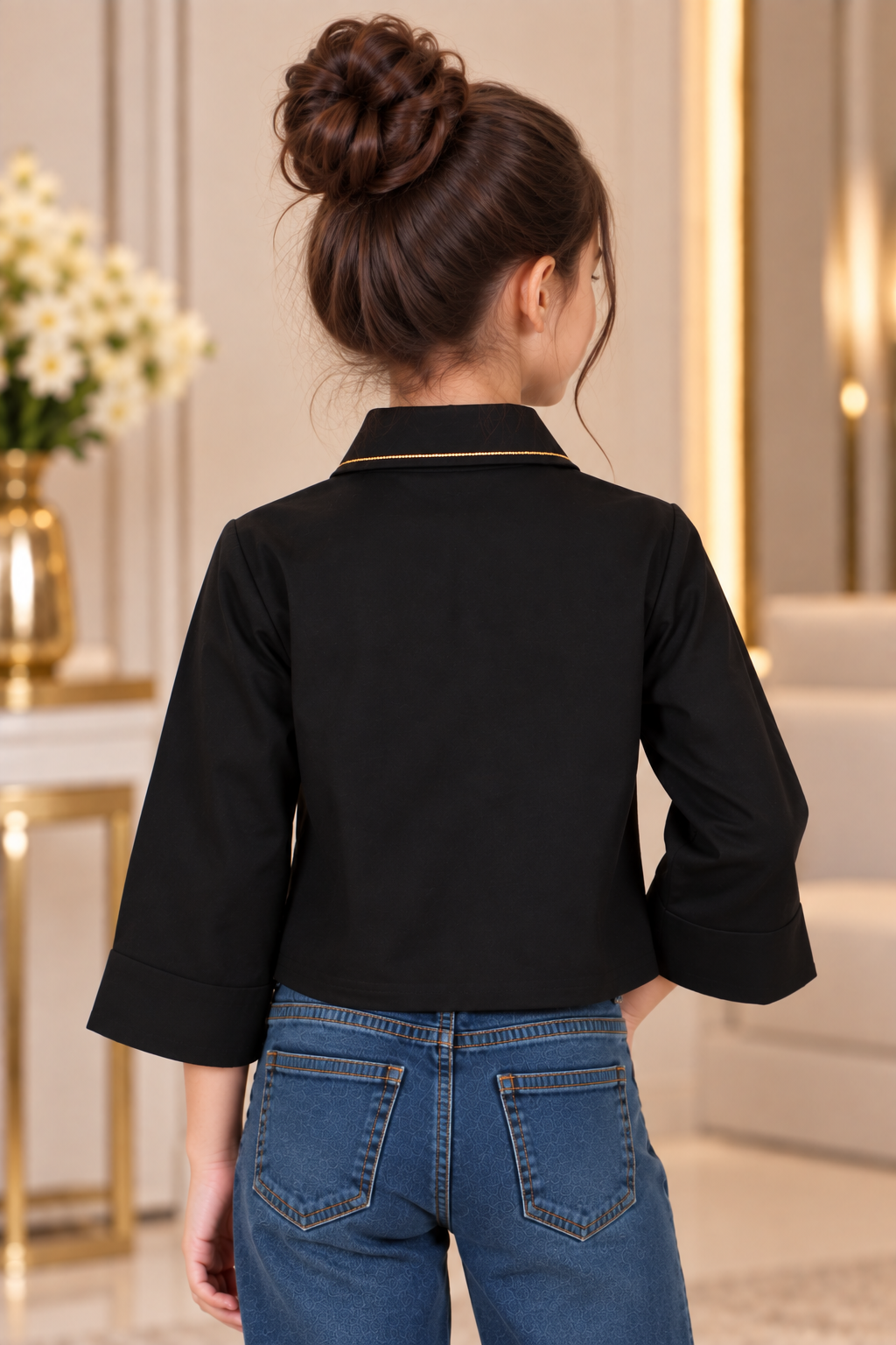 T1068EM Girls Black Imported Fabric Contrast Trim Double Pocket Cropped Shirt T1068EM-218-BLK - Image 3