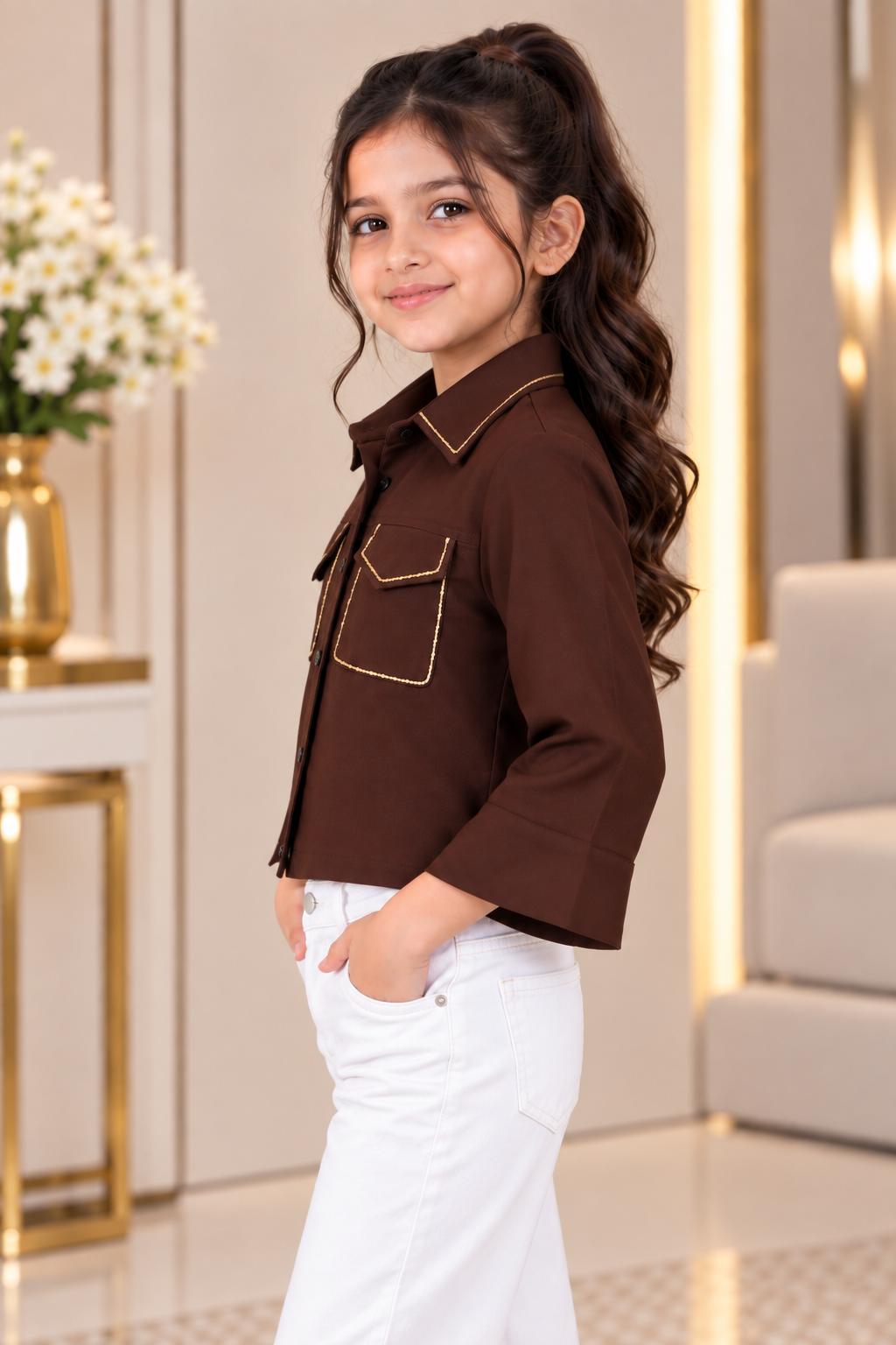 T1068EM Girls Chocolate Brown Imported Fabric Contrast Trim Double Pocket Cropped Shirt T1068EM-218-BWN - Image 2