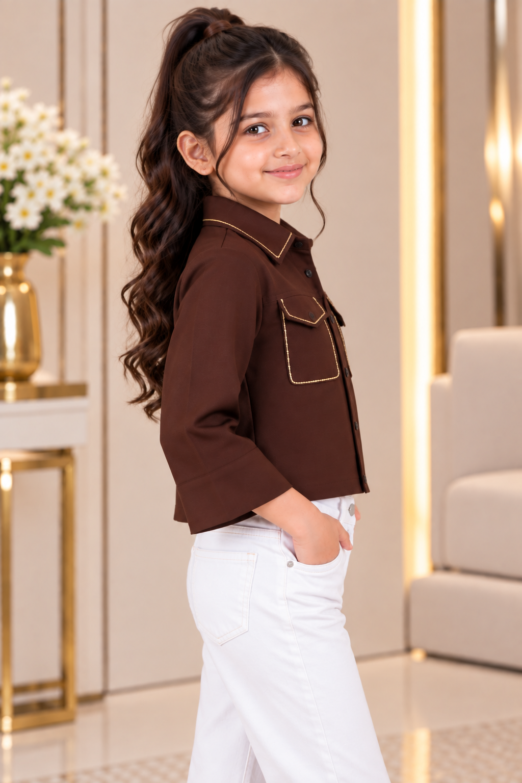T1068EM Girls Chocolate Brown Imported Fabric Contrast Trim Double Pocket Cropped Shirt T1068EM-218-BWN - Image 4