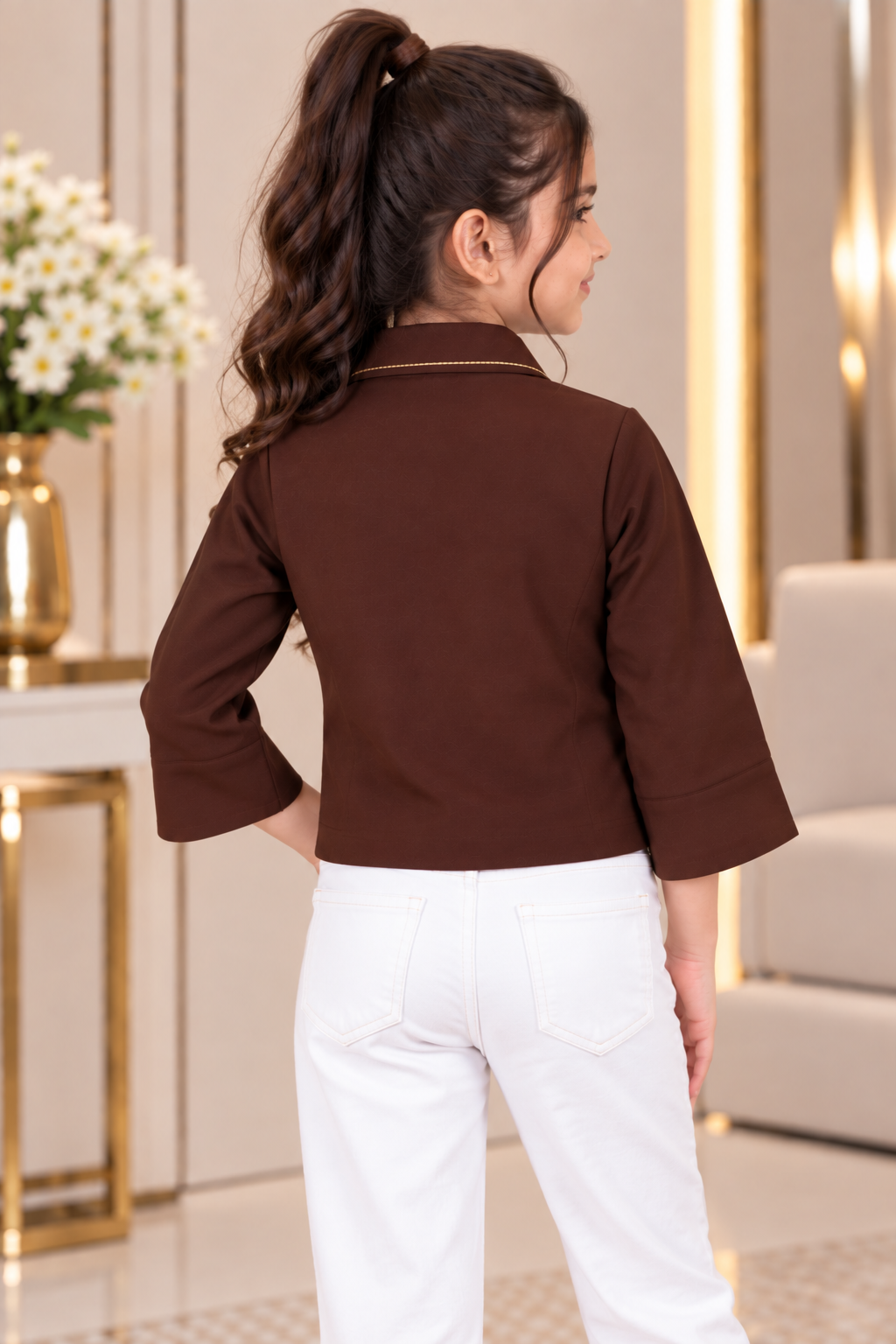 T1068EM Girls Chocolate Brown Imported Fabric Contrast Trim Double Pocket Cropped Shirt T1068EM-218-BWN - Image 3