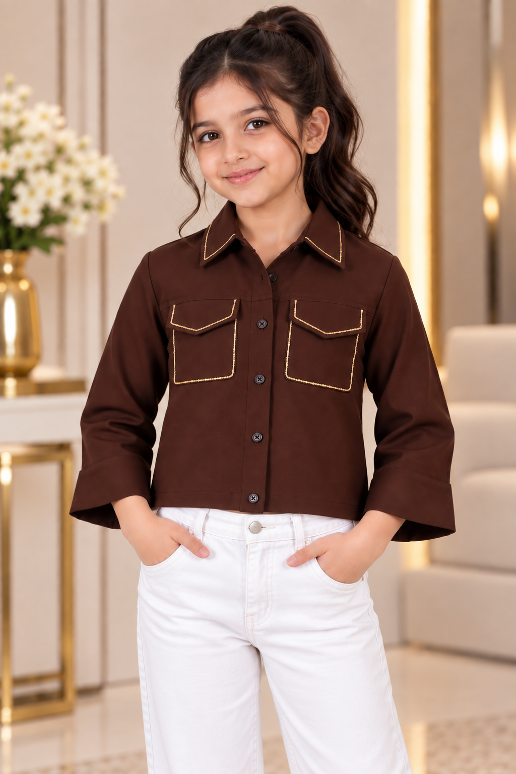 T1068EM Girls Chocolate Brown Imported Fabric Contrast Trim Double Pocket Cropped Shirt T1068EM-218-BWN