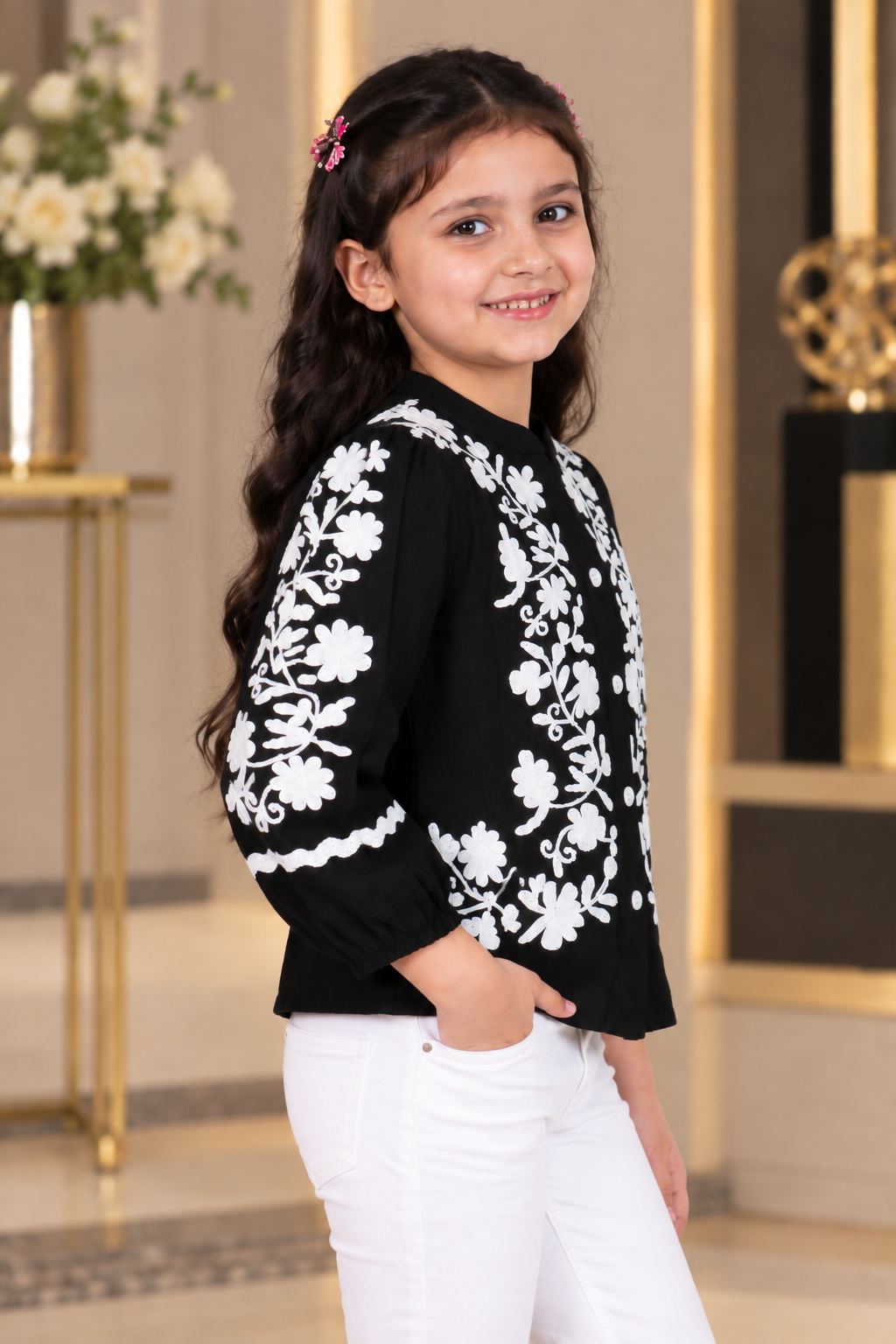 T1113FL Girls Black & White Floral Embroidered Imported Fabric Button-Down Top T1113FL-218-BLK - Image 2