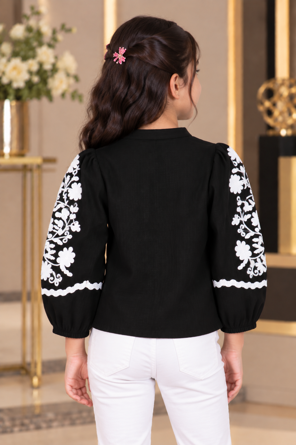 T1113FL Girls Black & White Floral Embroidered Imported Fabric Button-Down Top T1113FL-218-BLK - Image 3