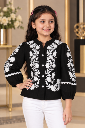 T1113FL Girls Black & White Floral Embroidered Imported Fabric Button-Down Top T1113FL-218-BLK