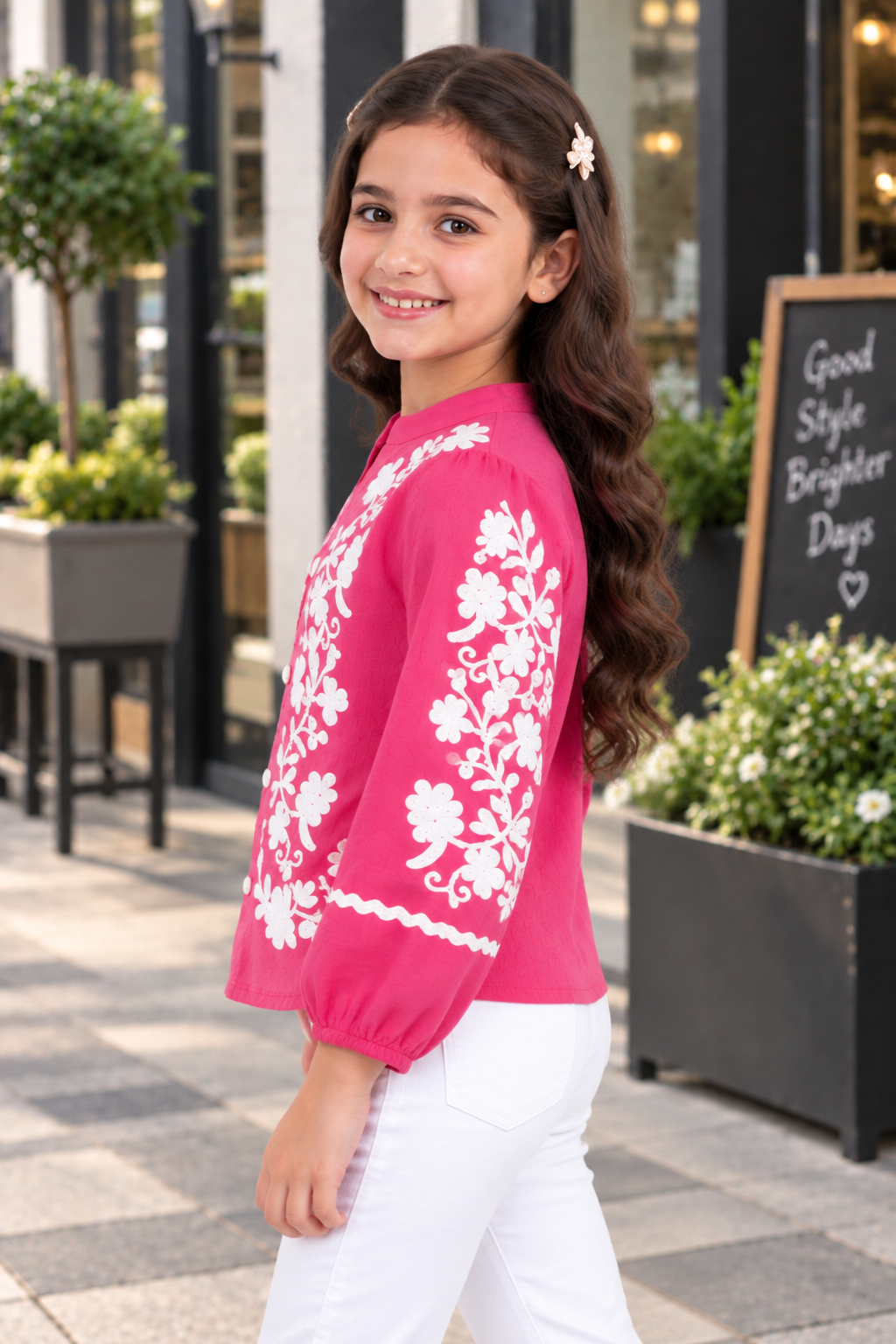 T1113FL Girls Hot Pink & White Floral Embroidered Imported Fabric Button-Down Top T1113FL-218-PNK - Image 3