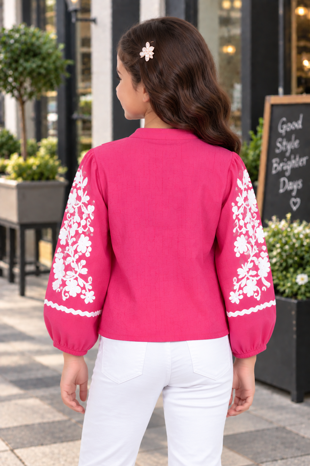 T1113FL Girls Hot Pink & White Floral Embroidered Imported Fabric Button-Down Top T1113FL-218-PNK - Image 2