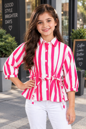 T1119LN Girls Pink & White Striped Imported Fabric Belted Peplum Shirt Top T1119LN-218-PNK